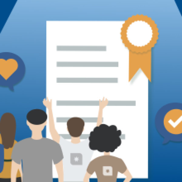 Oversized document with people standing in front of it. 