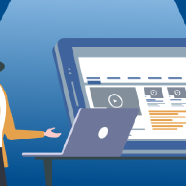 Image of homepage on large desktop and laptop with person at laptop.